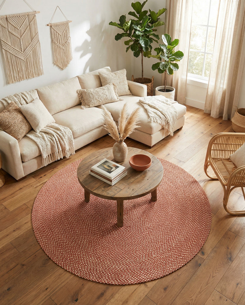 Highland Woven Jute Collection Area Rug - Glenmore (Rust Red) Round Rust Red  lifestyle 66