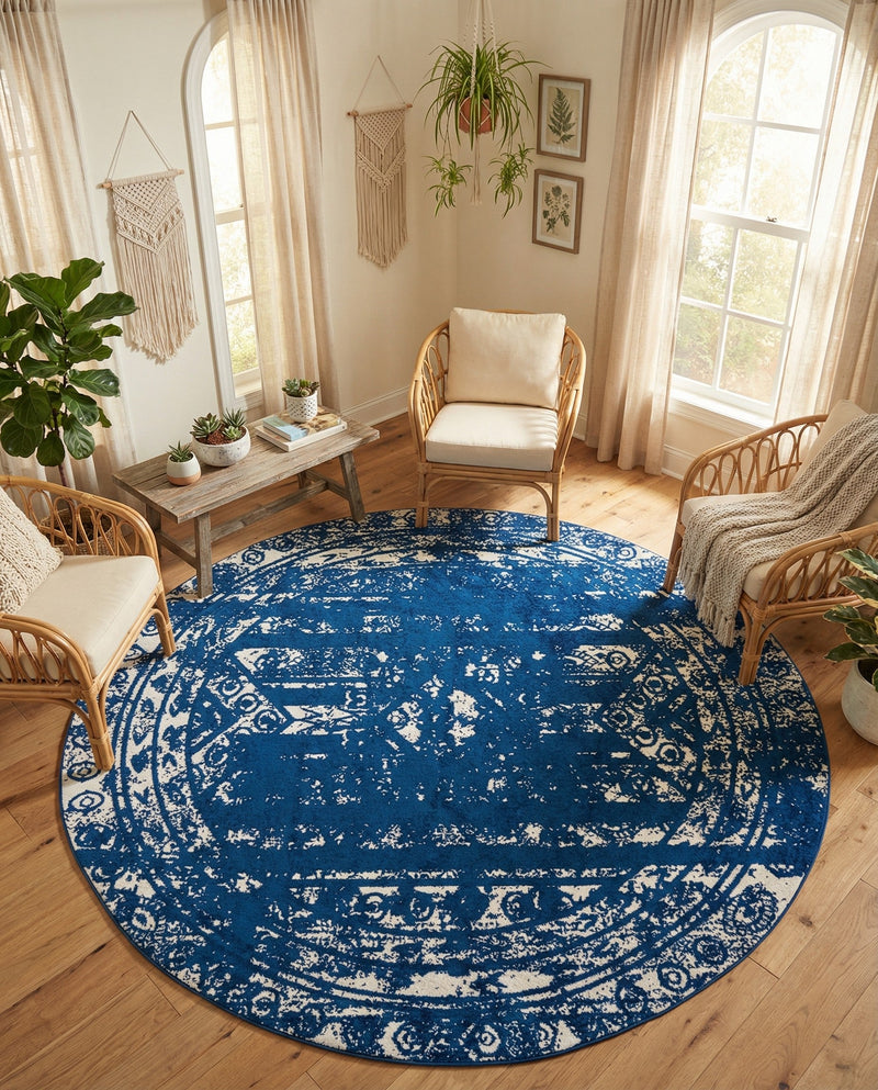 Brighton Stripes Collection Area Rug - Sussex (Navy Blue) Round Navy Blue  lifestyle 32