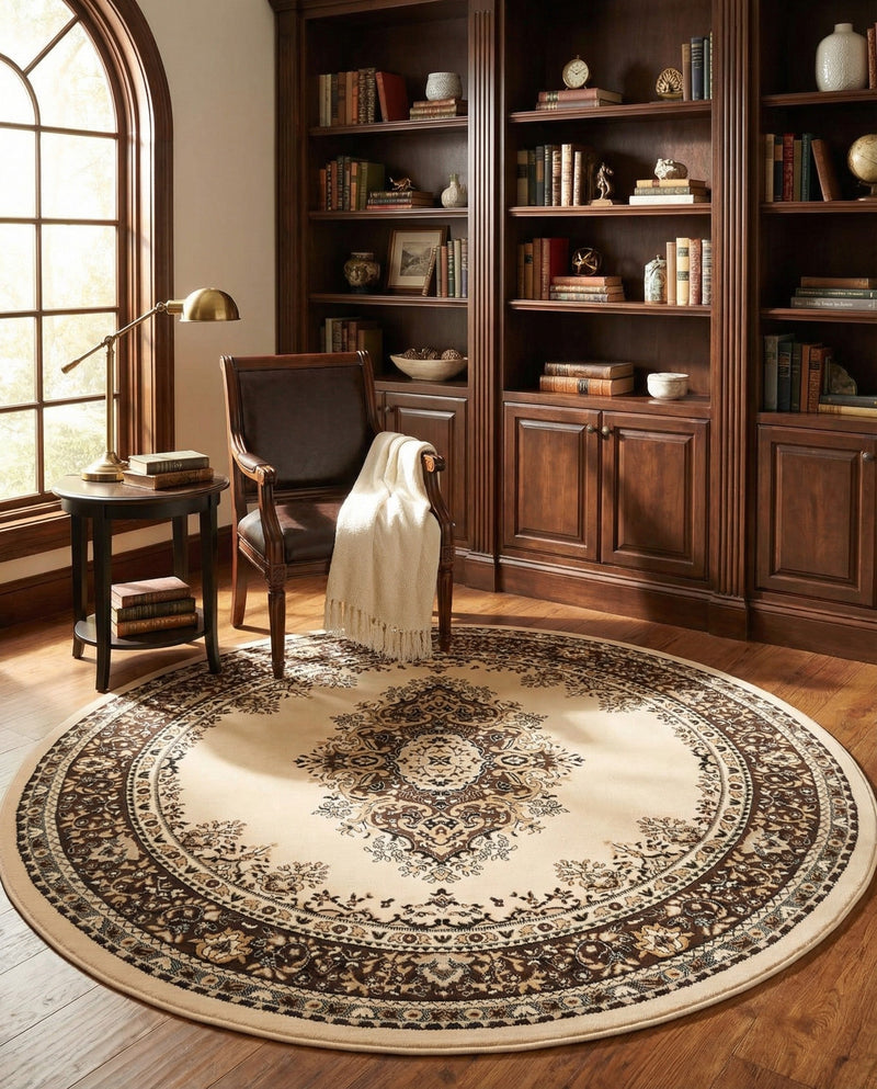 Tabriz Tapestry Collection Area Rug - Azerbaijan (Ivory) Round Ivory  lifestyle 39