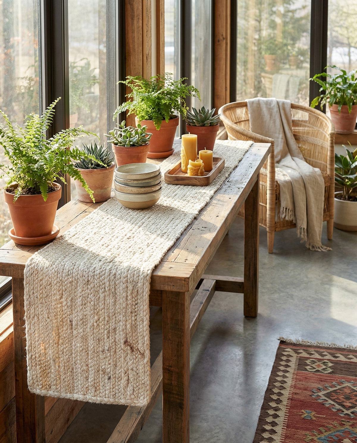 Woven Seaside Jute Collection Area Rug - Savannah (White) Table Runner White  lifestyle 93