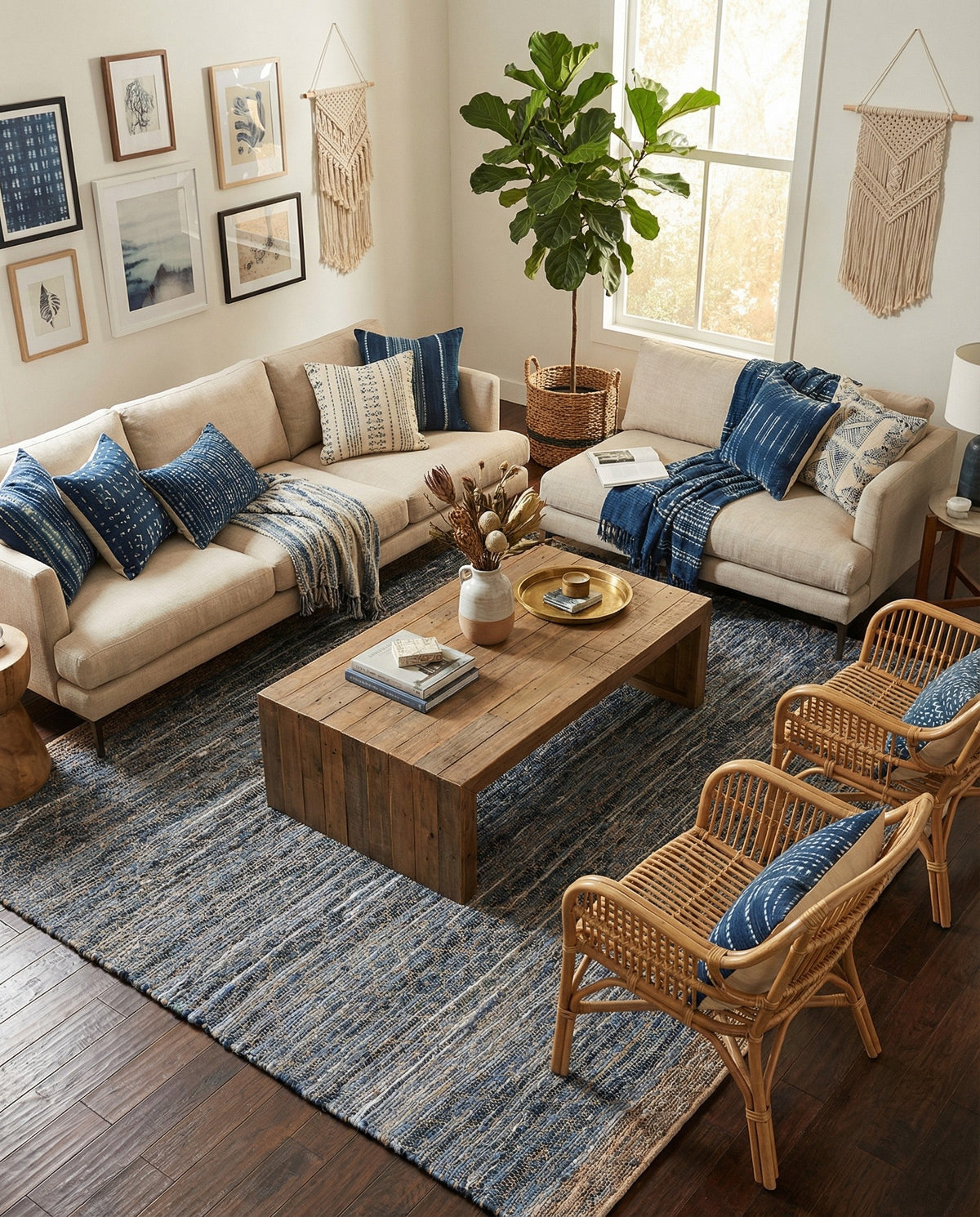 Tulum Trellis Collection Area Rug - Shoreline Square Denim blue  lifestyle 154