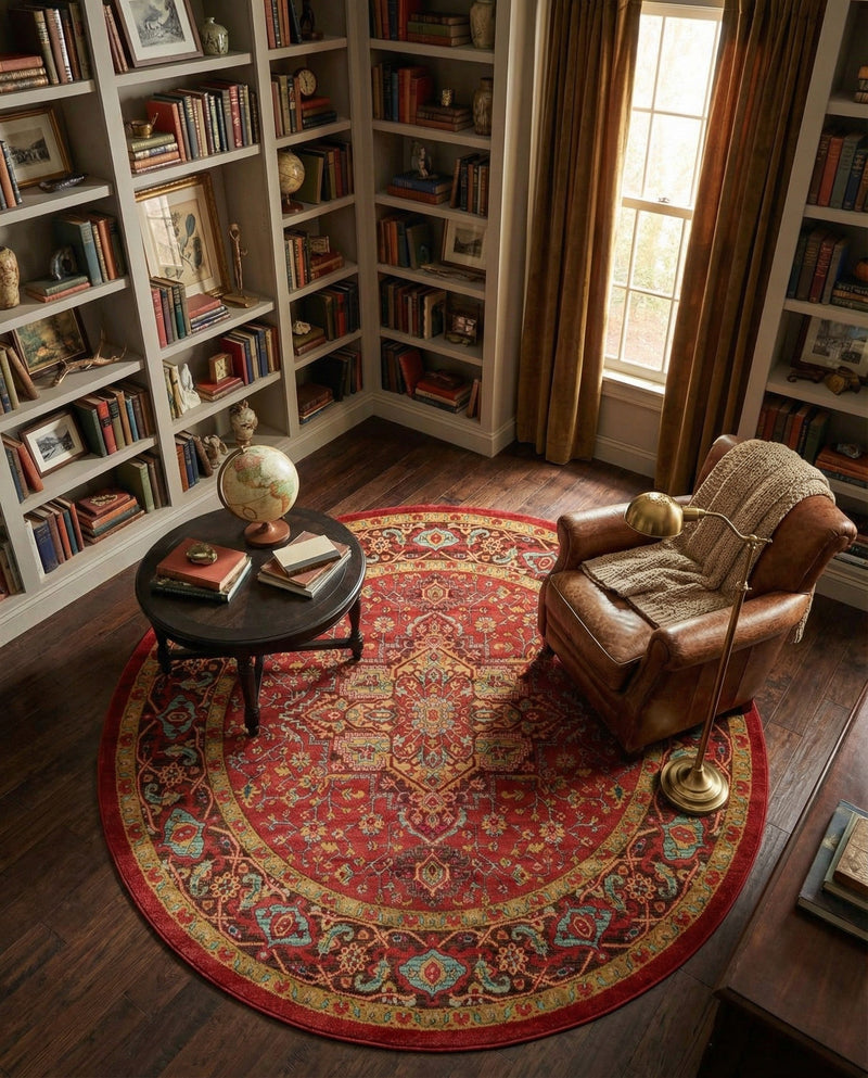 Persian Elegance Collection Area Rug -  Khorasan Round Red  lifestyle 47