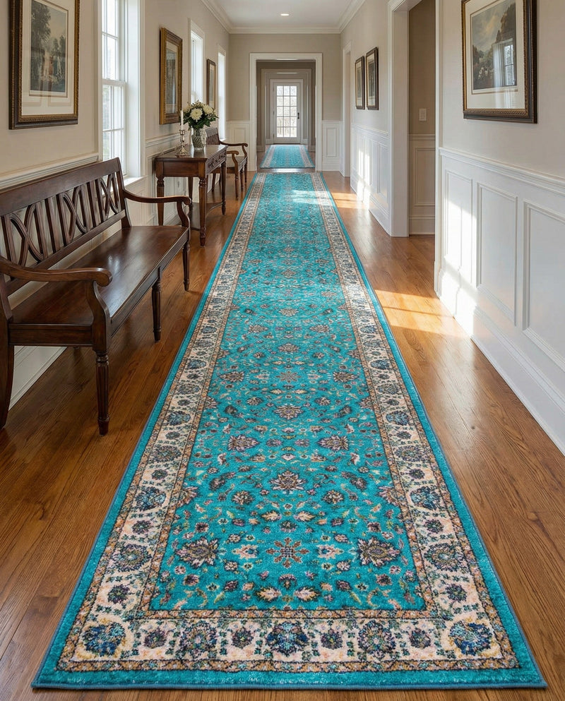 Casablanca Tapestry Collection Area Rug -  Marrakech (Arctic Aqua Blue) Runner Arctic Aqua Blue  lifestyle 49