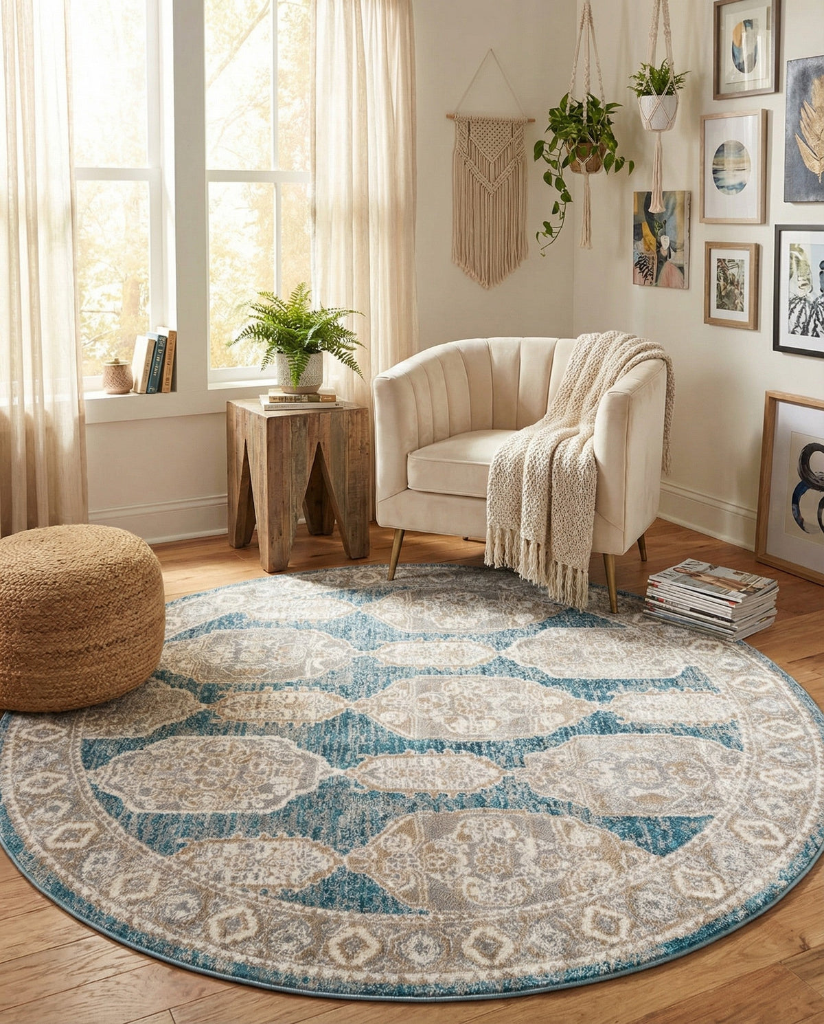 Seville Stripes Collection Area Rug -  Granada (Blue) Round Blue  lifestyle 27