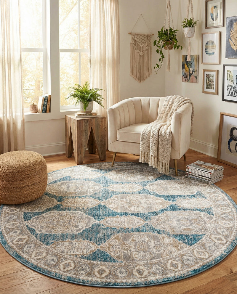 Seville Stripes Collection Area Rug -  Granada (Blue) Round Blue  lifestyle 27