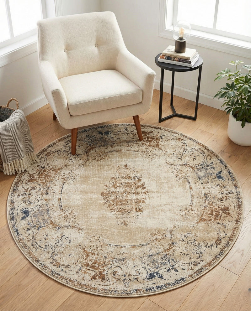 Coastal Manor Collection Area Rug -  Pierpoint Round Blue Cream  lifestyle 61