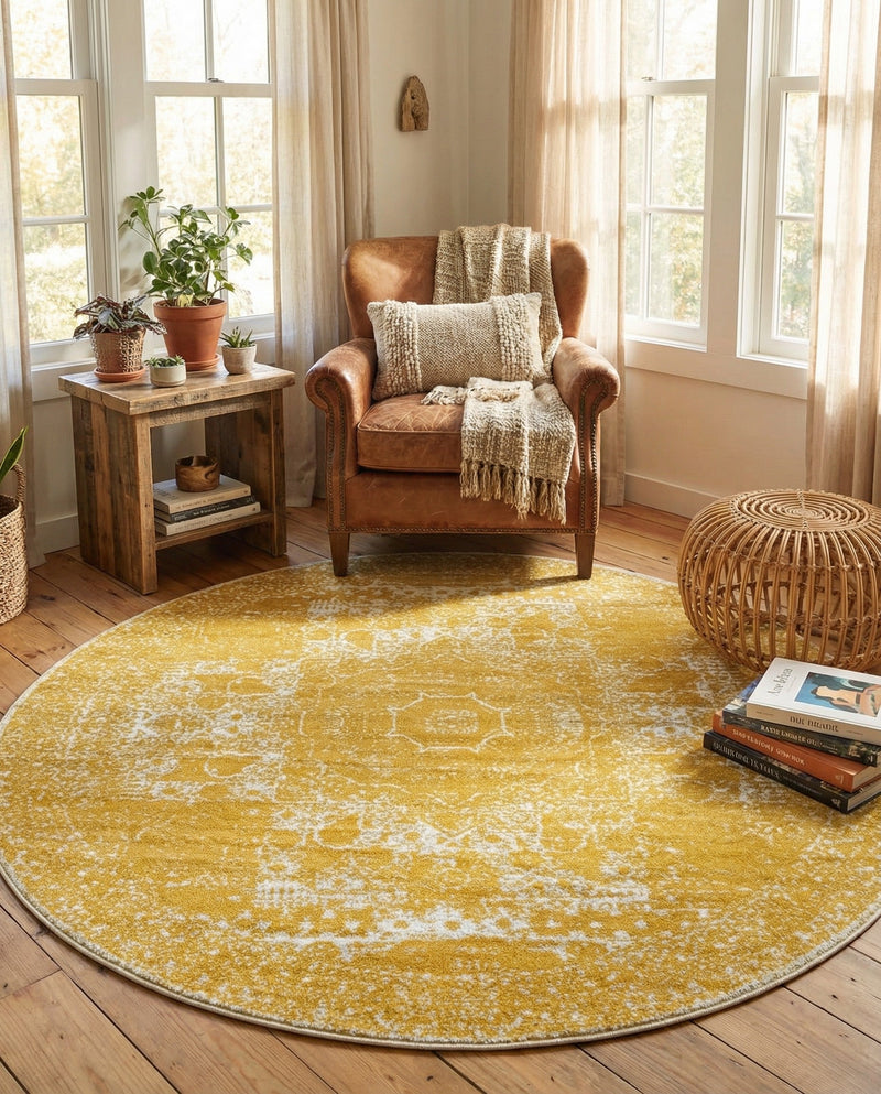 Dover Terrace Collection Area Rug -  Lagoon (Yellow) Round Yellow  lifestyle 54