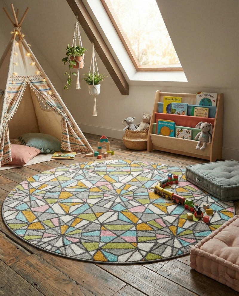 Wonder Tykes Collection Area Rug -  Chromatic Round Multi  lifestyle 40