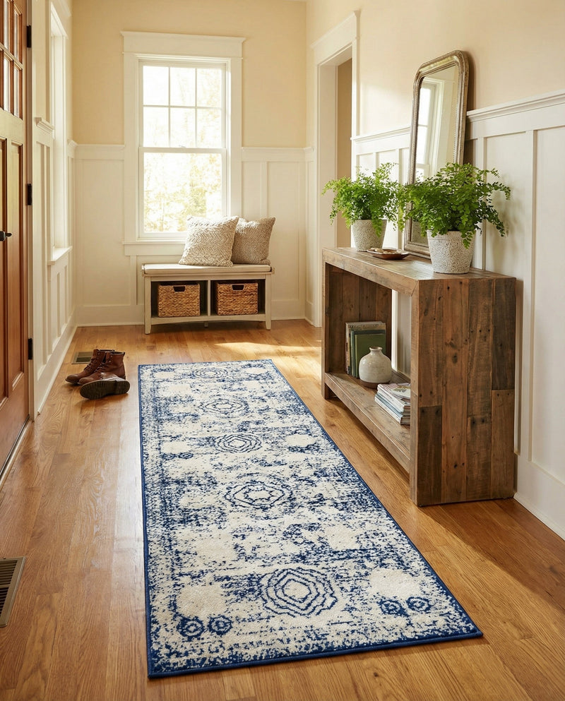 Dover Terrace Collection Area Rug -  Lagoon (Ivory and Blue) Runner Ivory and Blue  lifestyle 45