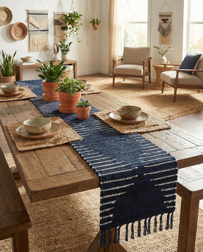Thar Cotton Collection Area Rug - Jaisalmer (Navy Blue) Table Runner Navy Blue  lifestyle 58