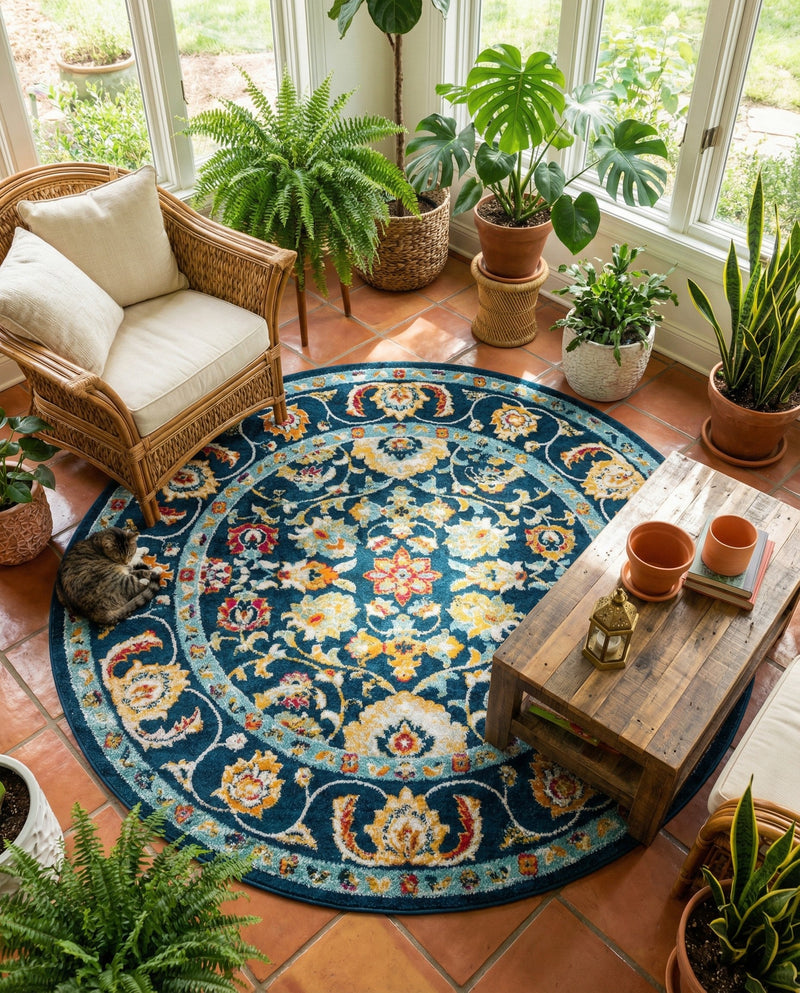 Adriana Terrace Collection Area Rug -  Positano (Navy Blue) Round Navy Blue  lifestyle 48