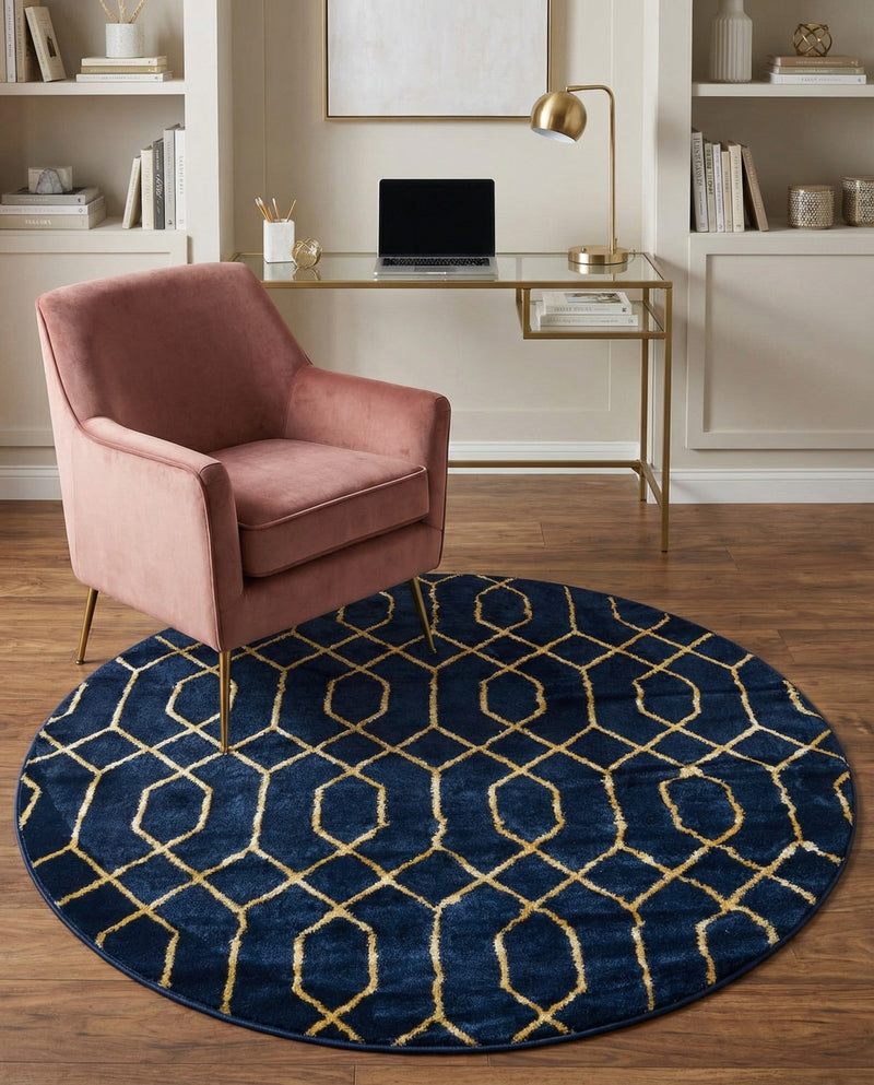 Hollywood Luxe Collection Area Rug - Sunset (Navy Blue Gold) Round Navy Blue Gold  lifestyle 51