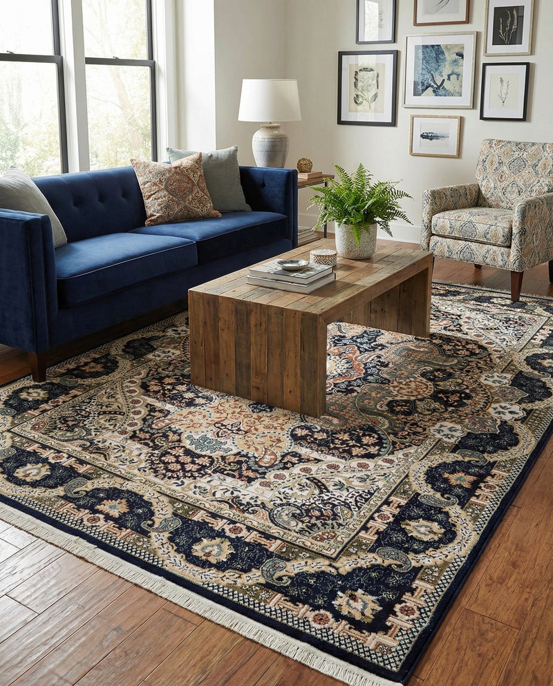 Persian Elegance Collection Area Rug -  Shiraz Rectangle Navy Blue  lifestyle 28