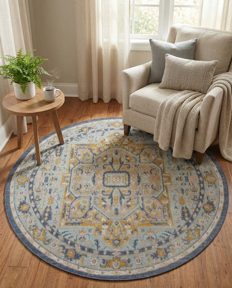 Savannah Series Collection Area Rug - Charleston (Sky blue) Round Sky blue  lifestyle 31