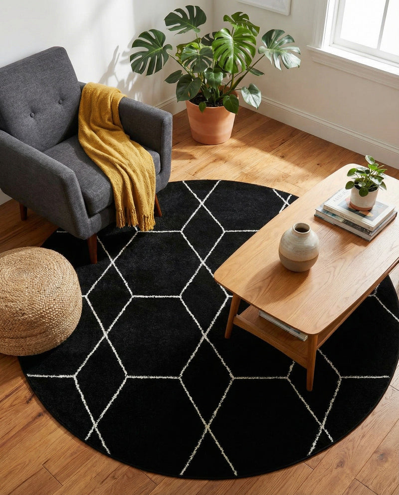 Trellis Mosaic Collection Area Rug - Arborville (Black) Round Black  lifestyle 71