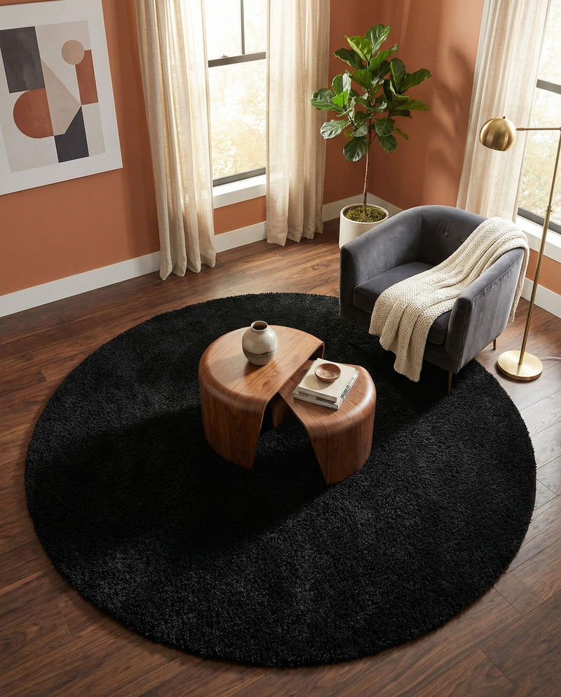 Plush Oasis Collection Area Rug - Serenity (Jet Black) Round Jet Black  lifestyle 78