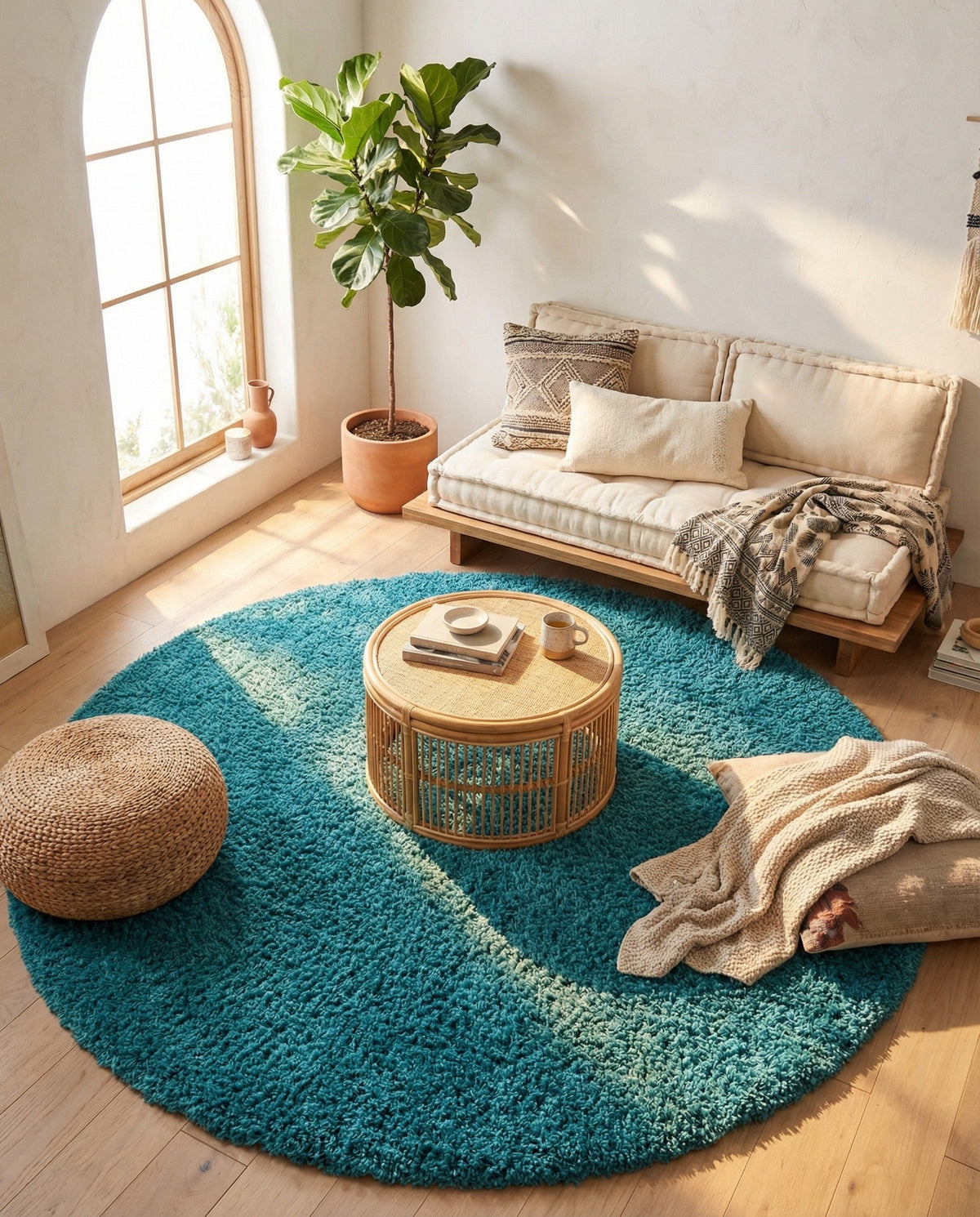 Plush Oasis Collection Area Rug - Serenity (Deep Aqua Blue) Round Deep Aqua Blue  lifestyle 48