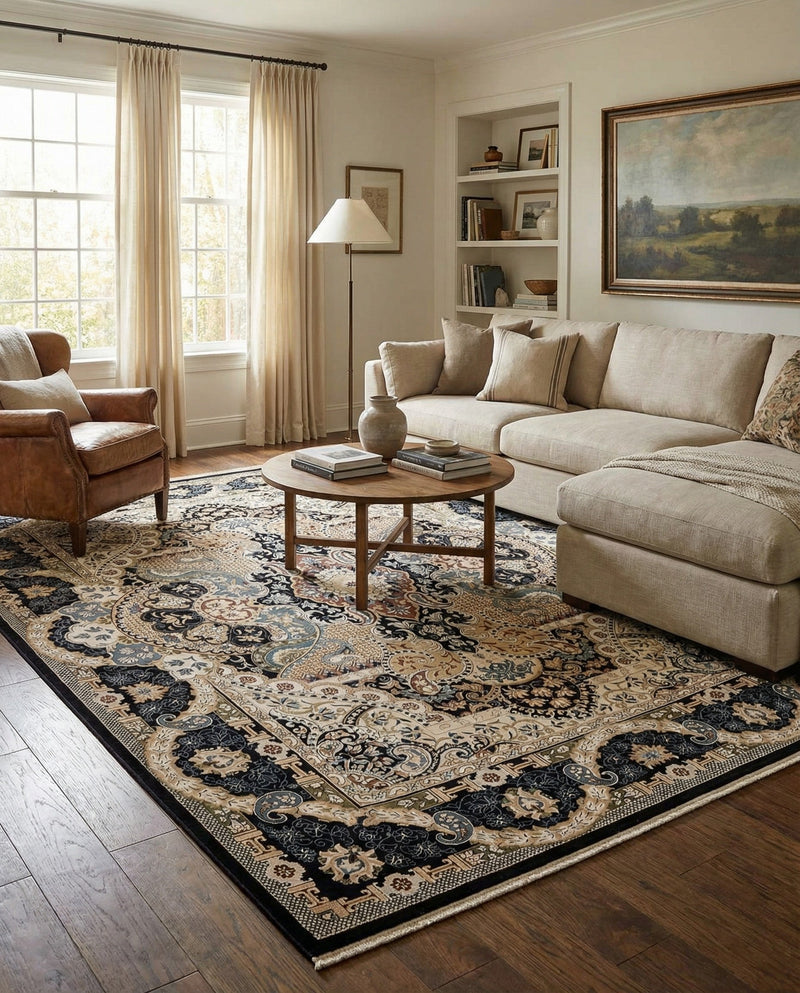 Persian Elegance Collection Area Rug -  Shiraz Rectangle Navy Blue  lifestyle 18