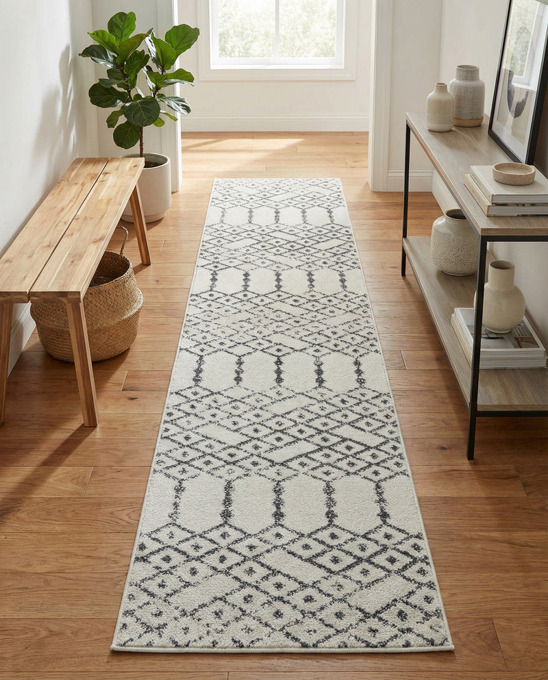 Marrakesh Lattice Collection Area Rug - Casablanca (Ivory Black) Runner Ivory Black  lifestyle 77