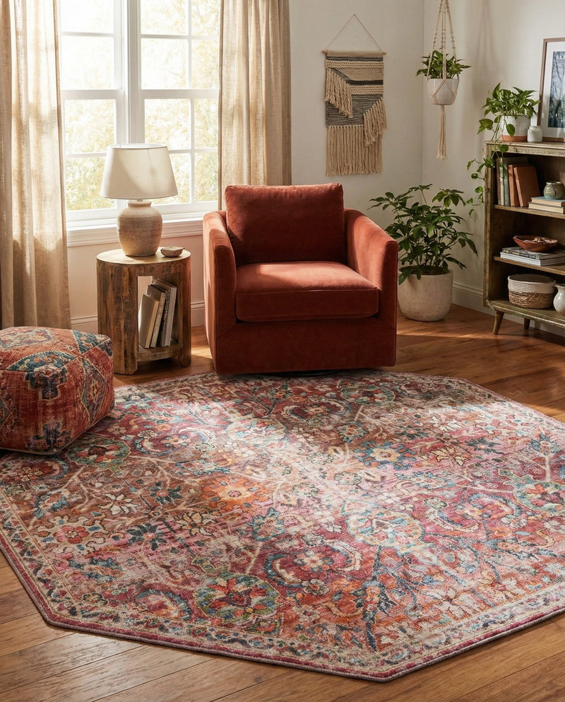 Vintage Memories Collection Area Rug -  Flashback Octagon Ivory and Pink  lifestyle 55