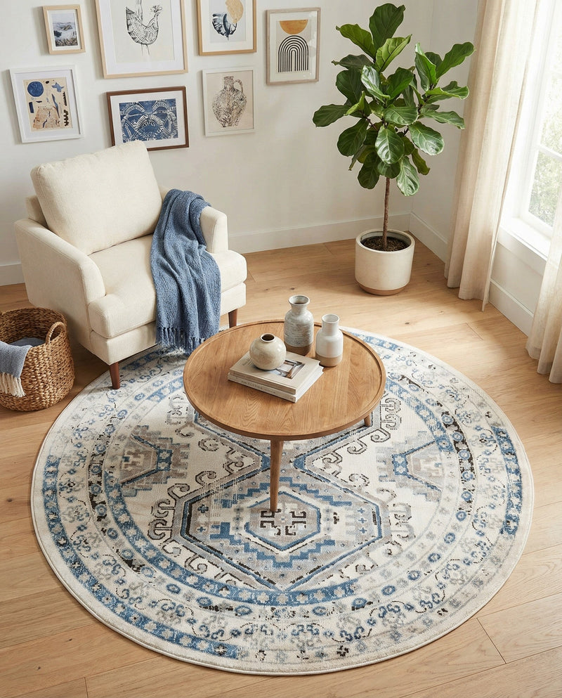 Savannah Elegance Collection Area Rug -  Tybee (Ivory Aqua) Round Ivory Aqua  lifestyle 72