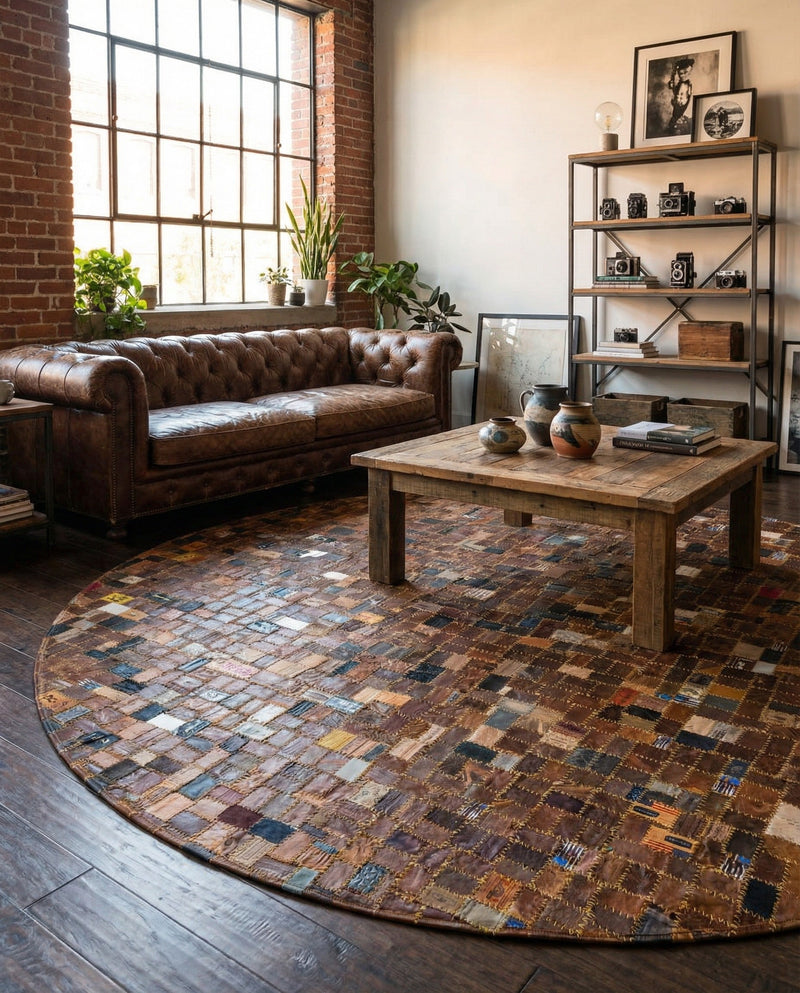 Havana Hide Patchwork Collection Area Rug - Cienfuegos Round Black and Brown  lifestyle 14
