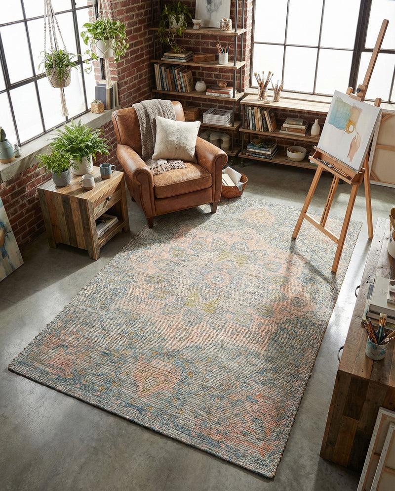 Savannah Threads Collection Area Rug -  Gobi Rectangle Blue and Peach  lifestyle 9