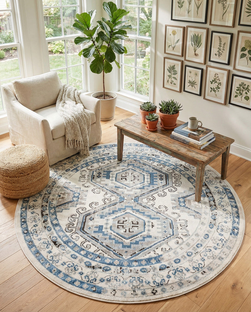 Savannah Elegance Collection Area Rug -  Tybee (Ivory Aqua) Round Ivory Aqua  lifestyle 73