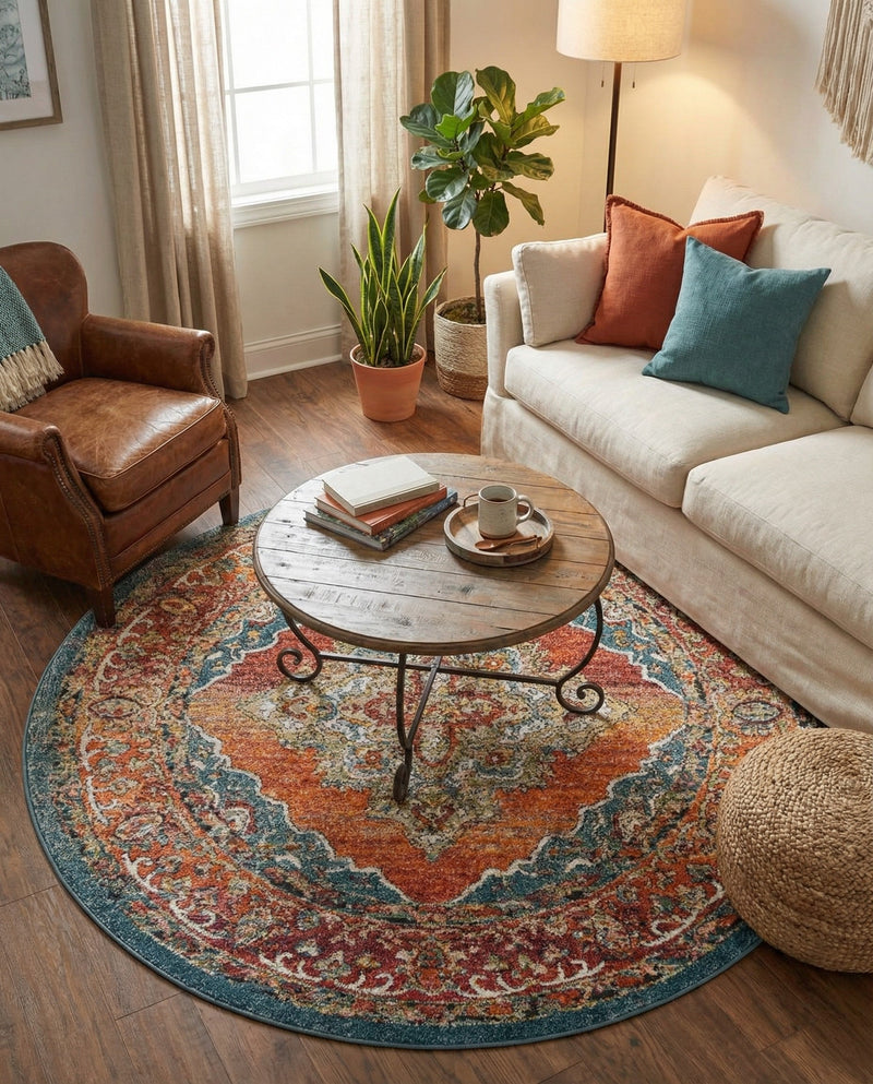Savannah Soiree Collection Area Rug - Serengeti (Rust Red) Round Rust Red  lifestyle 74