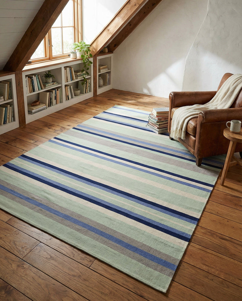 Coastal Stripe Dhurrie Collection Area Rug - Seashore Rectangle Aqua Blue and Gray  lifestyle 41