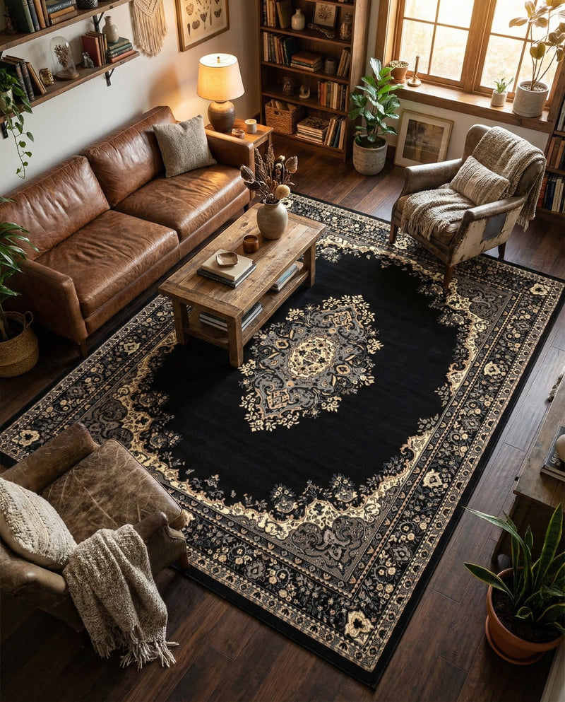 Tabriz Tapestry Collection Area Rug - Azerbaijan (Black) Rectangle Black  lifestyle 3