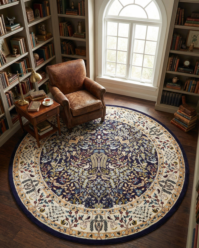 Persian Elegance Collection Area Rug -  Kerman (Navy Blue) Round Navy Blue  lifestyle 37