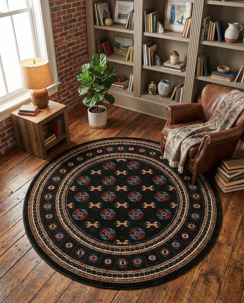 Samarkand Elegance Collection Area Rug -  Margilan (Dark Green) Round Dark Green  lifestyle 74
