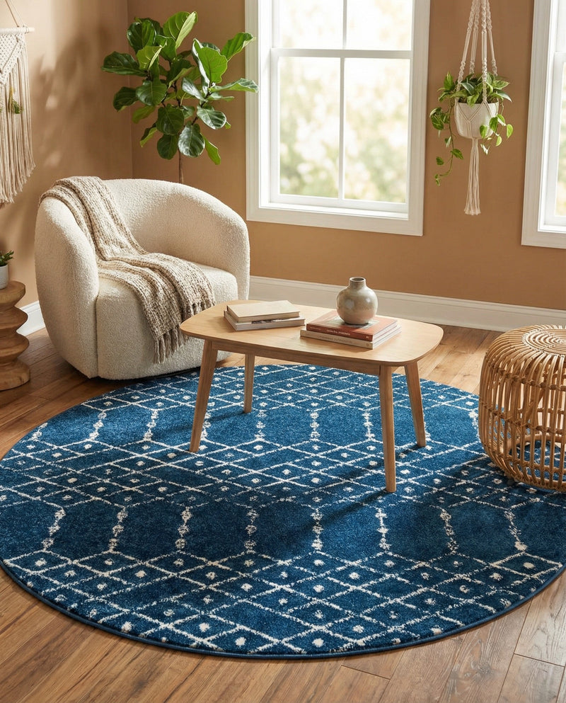 Marrakesh Lattice Collection Area Rug - Casablanca (Navy Blue) Round Navy Blue  lifestyle 40