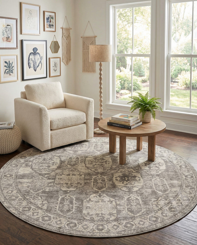Seville Stripes Collection Area Rug -  Granada (Gray) Round Gray  lifestyle 76