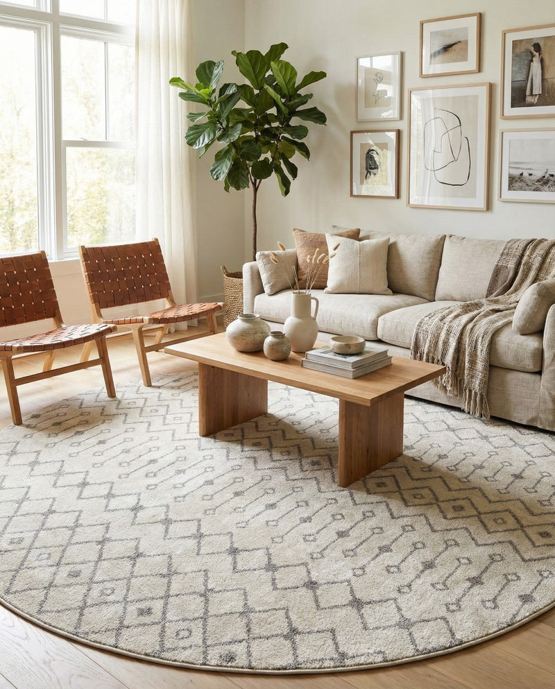 Mediterranean Lattice Collection Area Rug - Santorini (Ivory and Gray) Round Ivory and Gray  lifestyle 42