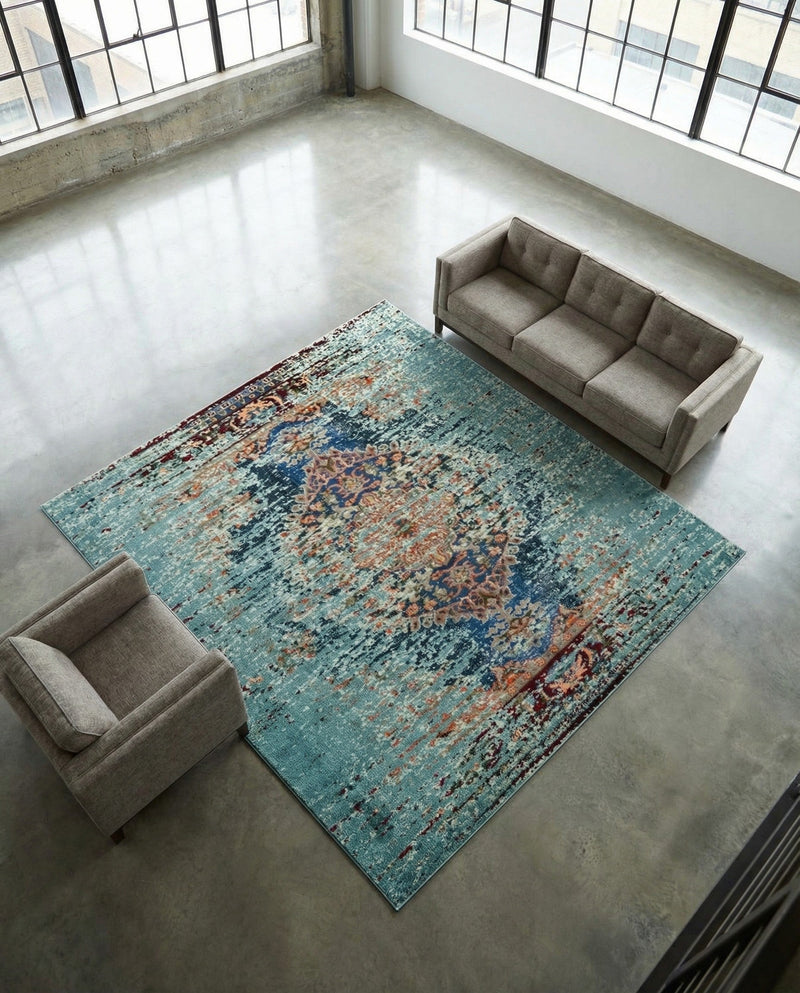 Venetian Tapestry Collection Area Rug -  Giudecca Square Turquoise  lifestyle 47