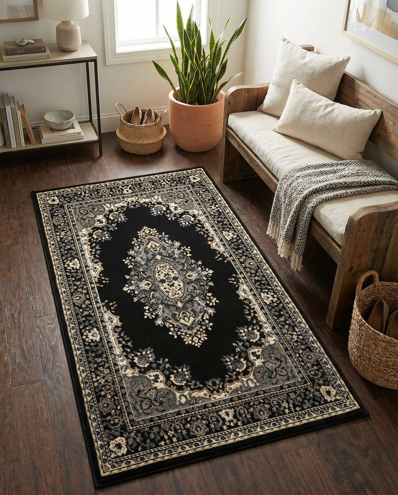 Tabriz Tapestry Collection Area Rug - Azerbaijan (Black) Rectangle Black  lifestyle 26