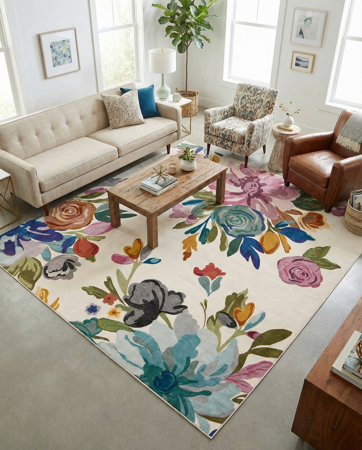 Meadow Breeze Collection Area Rug - Wildflower Square Ivory  lifestyle 176