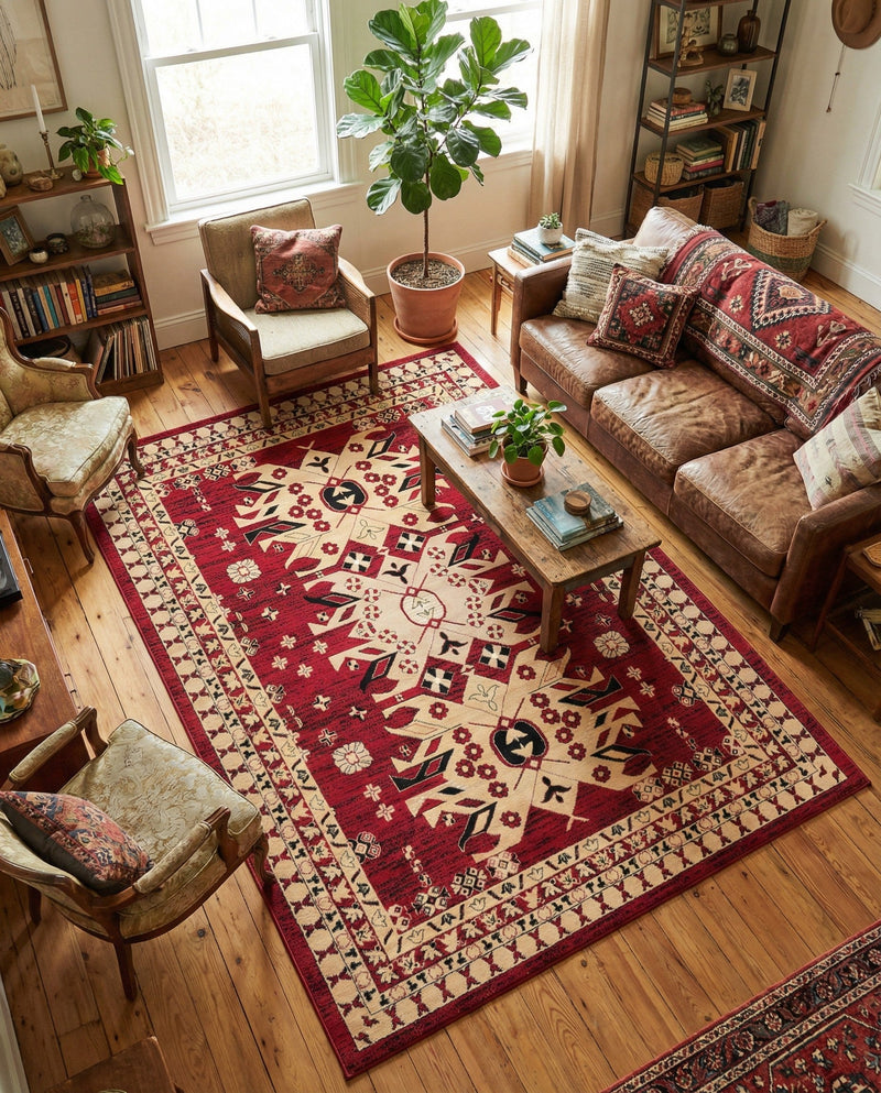 Tabriz Tapestries Collection Area Rug - Azerbaijan (Red) Rectangle Red  lifestyle 9
