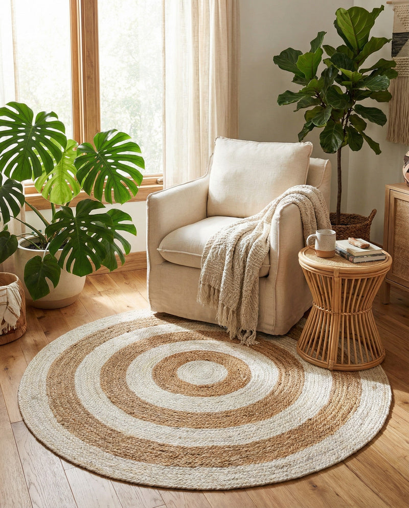 Woven Seaside Jute Collection Area Rug - Nautilus Round White Natural  lifestyle 49