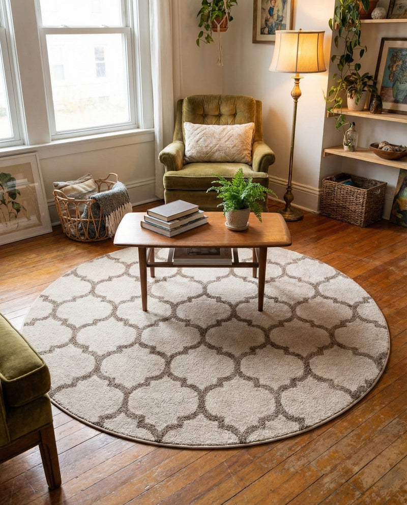 Lattice Gardens Collection Area Rug -  Bloomfield (Beige and Light Brown) Round Beige and Light Brown  lifestyle 46