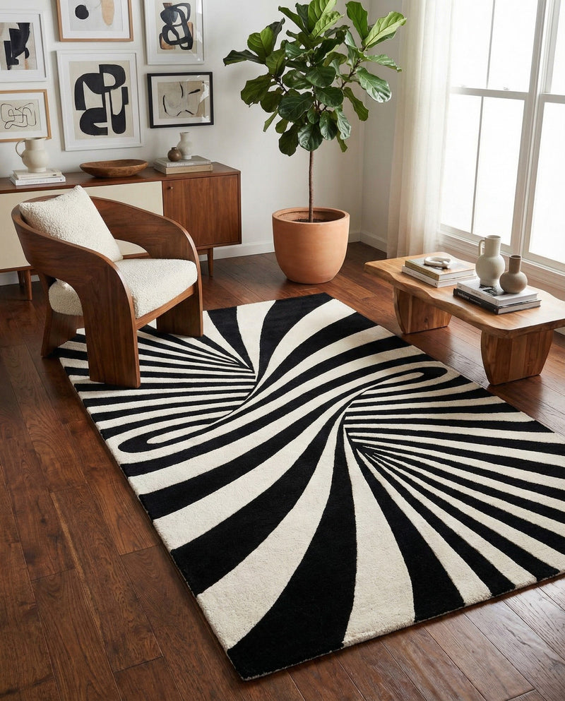 Cyclone Wool Collection Area Rug -  Maelstrom Rectangle Black and White  lifestyle 7