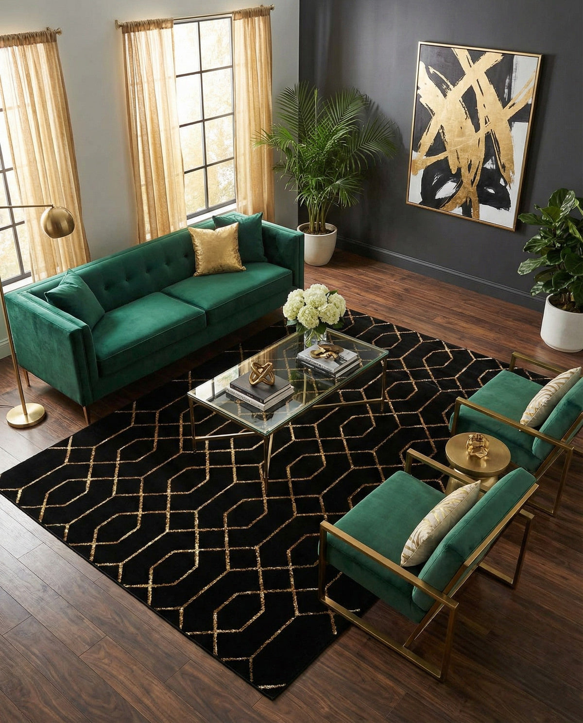 Hollywood Luxe Collection Area Rug - Sunset Rectangle Black and Gold  lifestyle 94