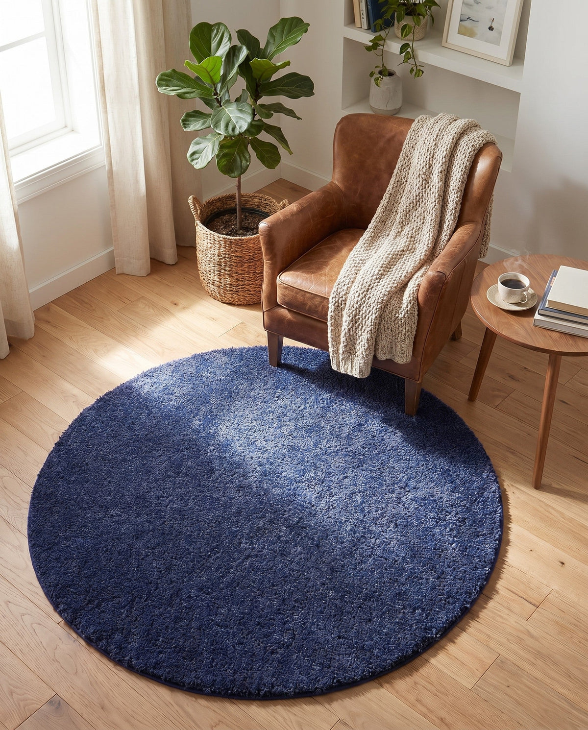 Solid Shag Seaside Collection Area Rug - Azure Cove (Navy Blue) Round Navy Blue  lifestyle 92