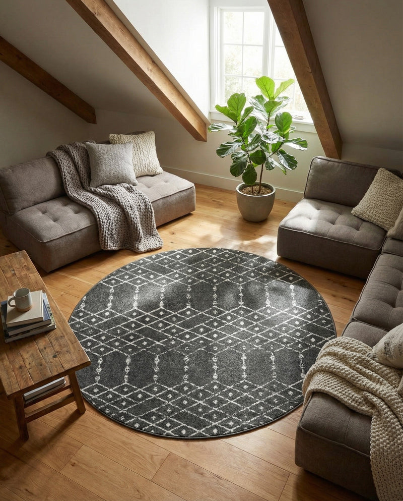 Marrakesh Lattice Collection Area Rug - Casablanca (Charcoal Gray) Round Charcoal Gray  lifestyle 36