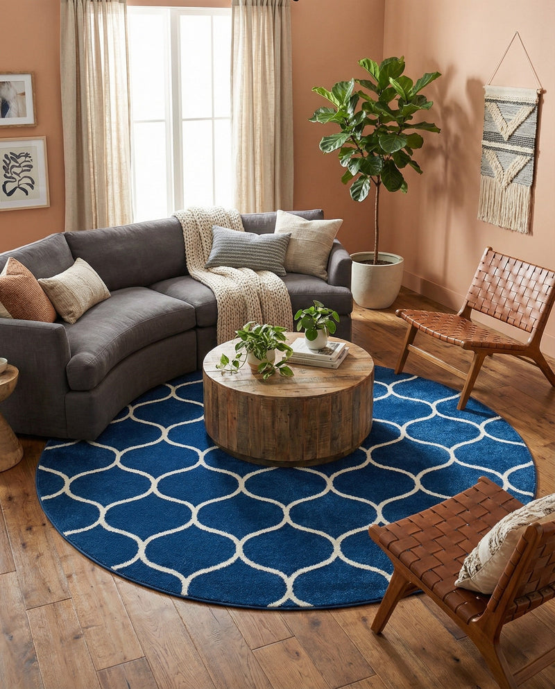 Trellis Mosaic Collection Area Rug -  Pergolatown (Navy Blue) Round Navy Blue  lifestyle 66