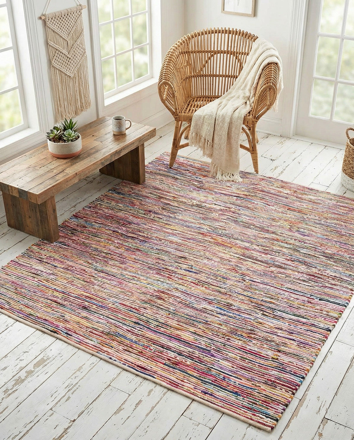 Thar Cotton Collection Area Rug - Alleppey Square Multi White  lifestyle 85