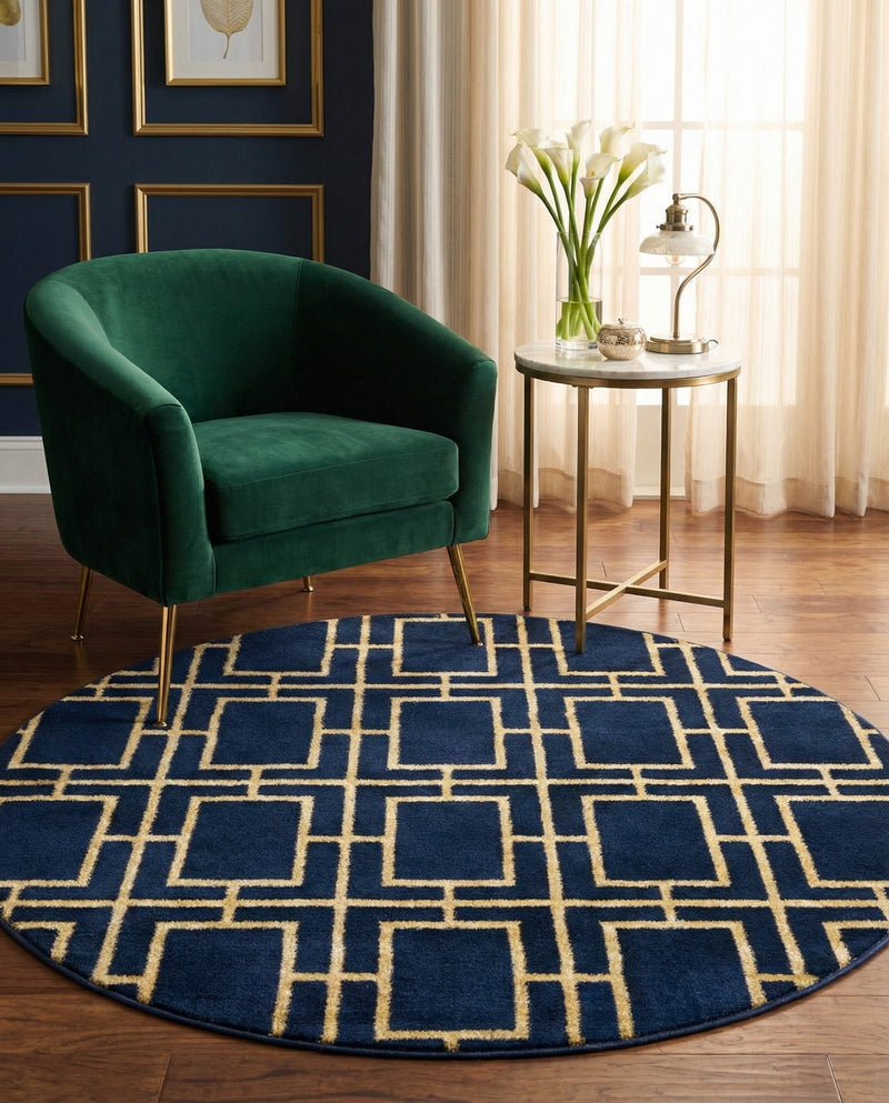 Hollywood Luxe Collection Area Rug -  Beverly (Navy Blue Gold) Round Navy Blue Gold  lifestyle 52