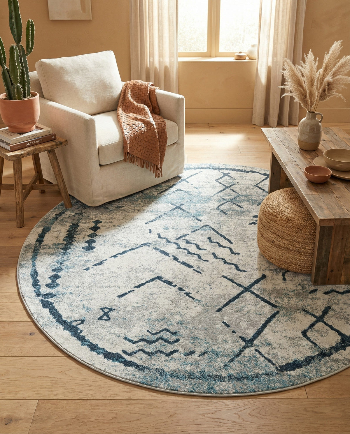 Aegean Elegance Washables Collection Area Rug - Santorini Round Ivory Gray  lifestyle 76